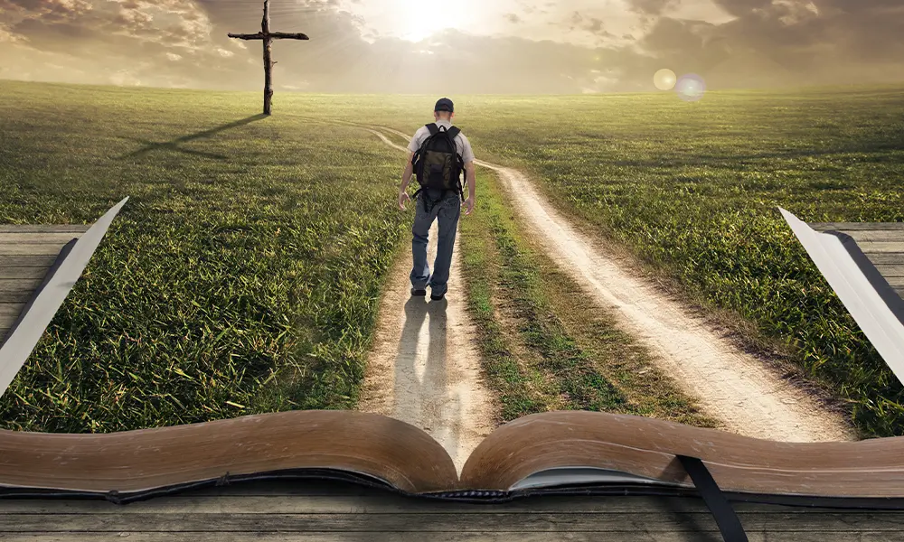 Person walking in a field built on the bible